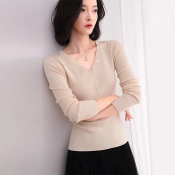 

2020 new ladies V-neck solid color button knit long-sleeved T-shirt gray