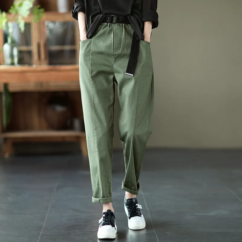 

2022 Autumn New Arrivals Simple Green Retro Art Elastic High Waist Loose Casual Cotton Women Belt Trousers Tide Free Shipping