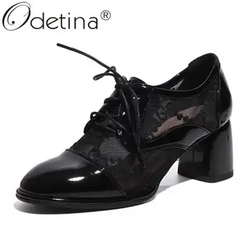 

Odetina Women Fashion Cross-tied Retro Round Toe Casual Pumps Lace Up Block Thick High Heel Patent Leather Air Mesh Party Pumps