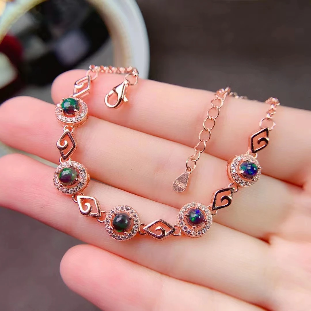 

Newest Natural Black Opal Bracelet for Women's Jewelry Real 925 Silver Rose Gold Plated Birthstone Party Gift