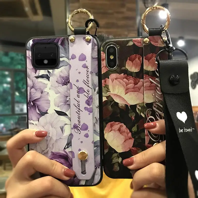 Чехол для телефона Google Pixel 4 ремешок с цветами серии тонкий окрашенный ТПУ