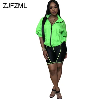 

Neon Striped Sporty Two Piece Set Sweat Suits Women Hooded Long Sleeve Zippers Jacket + Bodycon Knee Length Pants 2 Pcs Outfit
