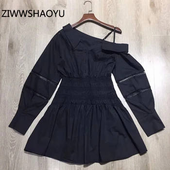 

ZIWWSHAOYU Women Summer Black Off Shoulder Sexy Short Dress Runway Designer Ladies Hollow Out Elastic Waist Mini Dresses
