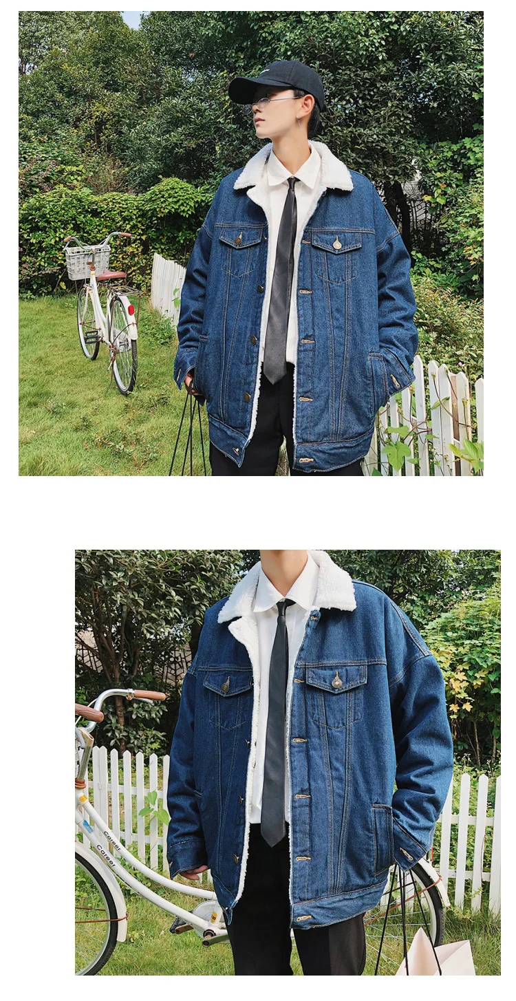 Winter plus Velvet Jeans Coat Men Slim Fit Thick Lamb's Wool Cotton-padded Clothes Youth Cotton Coat Fashion