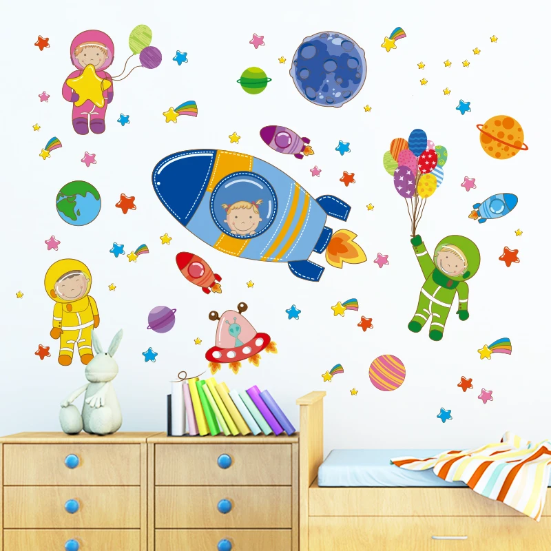 [SHIJUEHEZI] Мультяшные космонавты, Космические Планеты, наклейки на стену, сделай сам, детские наклейки для детской комнаты, украшение для детской спальни