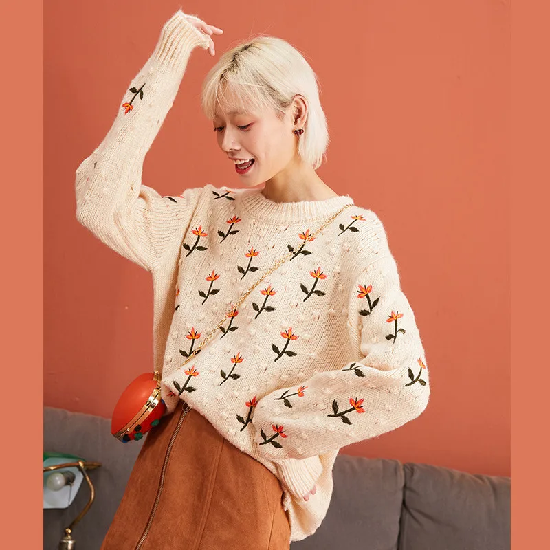 Cena SAM S TREE Green moherowe kwiatowe hafty dzianinowe swetry damskie swetry 2019 zimowy biały koreański styl puchowy luźny top damski