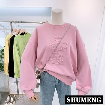 

High Quality 2020 Autumn New Blank Plain Pullover Sweatshirt Women Loose Long-Sleeved Enbossed Cartoon Printed Hoodie Casual Top