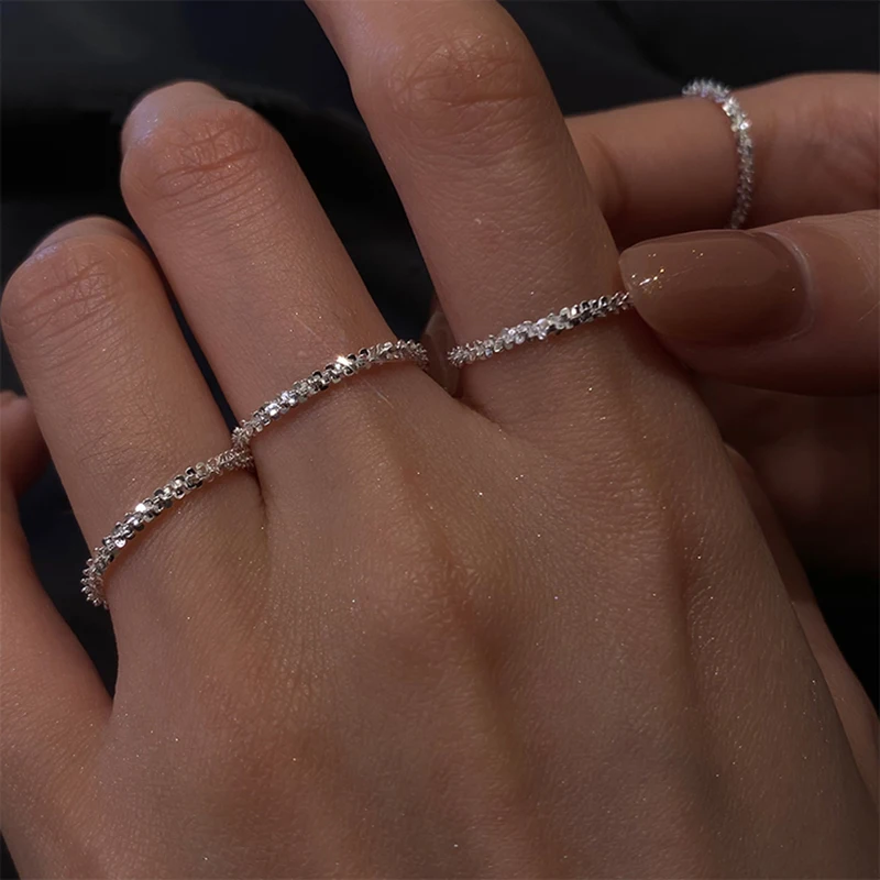 Peri'sBox Gold Silver Color Shiny Starburst Fishbone Rings Thin Water Wave Chain Rings for Women Glossy Plain Minimalist Jewelry