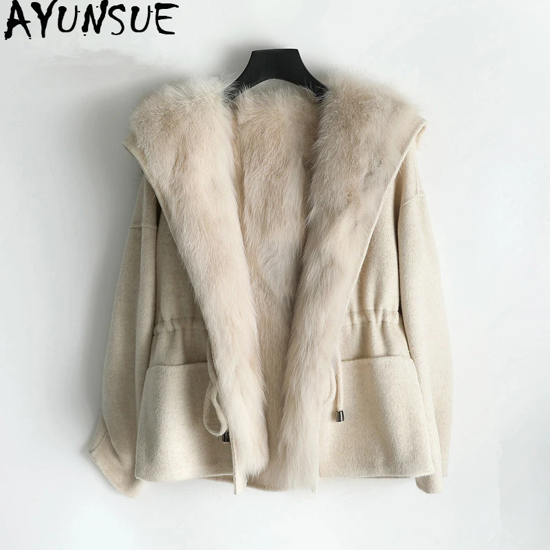 

AYUNSUE Women's Fur Coat Winter Jacket Women Natural Fox Fur Wool Coat Female Double Side Cashmere Woolen Coats Manteau Femme MY