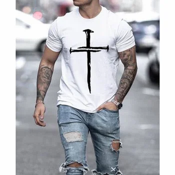 Summer Casual 3D Printing T-shirt Men's Jesus Cross Short-sleeved Oversized Round Neck Streetwear Collocation 1