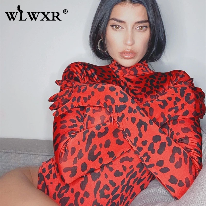 WLWXR Leopard Print Sexy Bodycon Bodysuit Women Top Red Ladies Jumpsuit Female Autumn Club Party Turtleneck Long Sleeve | Женская одежда