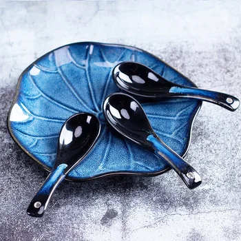

Ceramic Spoon Environmental Protection Glaze Japanese Blue Scoop Porridge Soup Spoon Tableware Restaurant Household Kitchenware