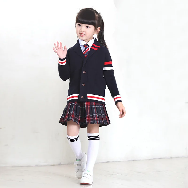 girls set Осенне-зимняя школьная форма для детей, комплект из 2 предметов, вязаный однобортный свитер, куртка+ штаны/юбки, костюмы, школьная одежда, От 3 до 13 лет - Цвет: girls set