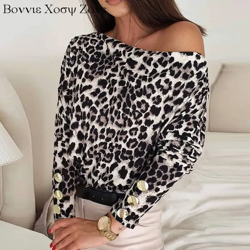 

Women Cheetah Random Print Colorblock Button Design Long Sleeve Tops Blouse Shirt