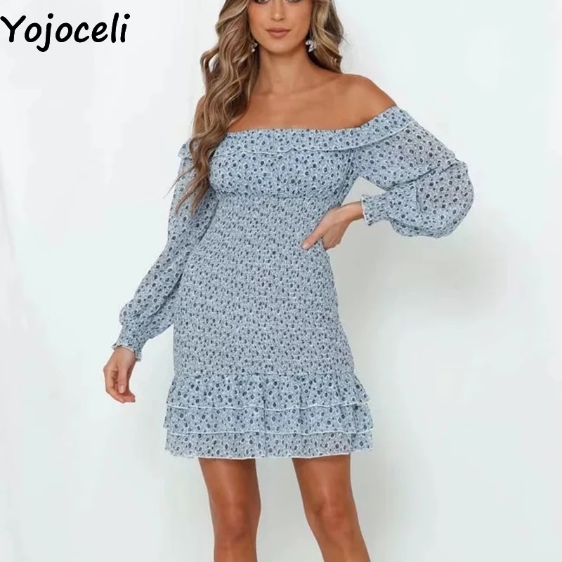 Yojoceli сексуальное платье с открытыми плечами и рюшами, Осеннее облегающее короткое пляжное платье, зимнее Повседневное платье в цветочек для женщин