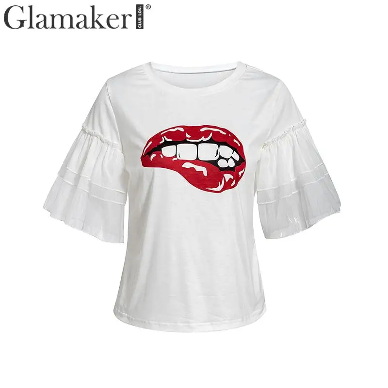 Glamaker, мультяшная, с рюшами, расклешенная, короткий рукав, белая футболка, женская, сетка, женская рубашка, летние топы и футболки, сексуальный топ, женский, с принтом губ