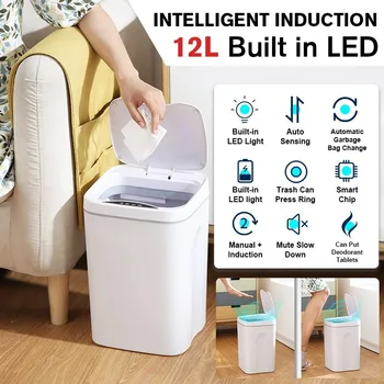 

12L Home Automatic Touchless Trash Can Smart Infrared Motion Sensor Kitchen Rubbish Waste Garbage Bin Built-in LED Light