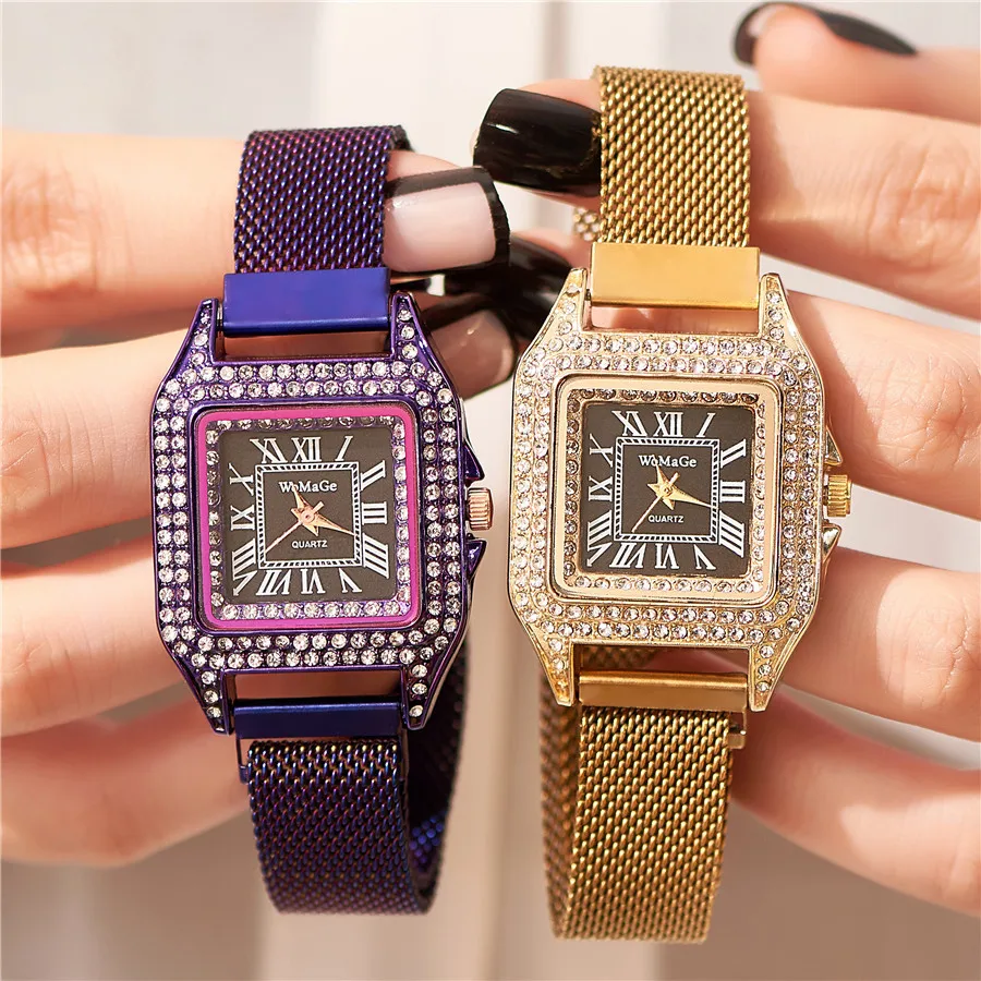 

Suction Magnet Magnet Milan Mesh Feminine Descent Watch Watch Star Diamond Square Roman Scale Quartz Ladies Bracelet Watch Lover