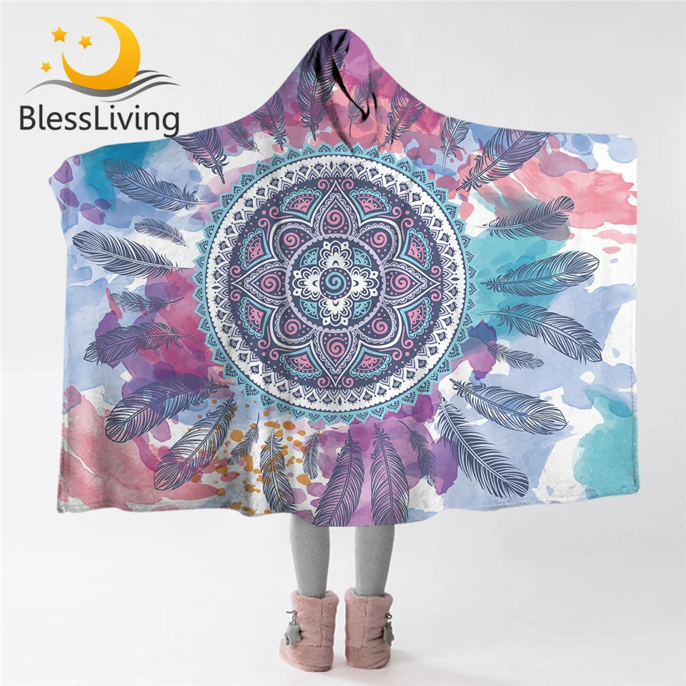 Blesslave Psychedelic одеяло с капюшоном Мандала в богемном стиле шерпа флисовый плед акварельные хиппи взрослые дети надеваемое покрывало