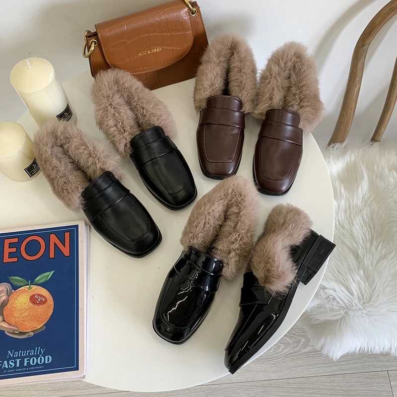 winter warm long plush small leather shoes brown/matte/patent leather square toe slip-on moccasins British student/OL work shoes