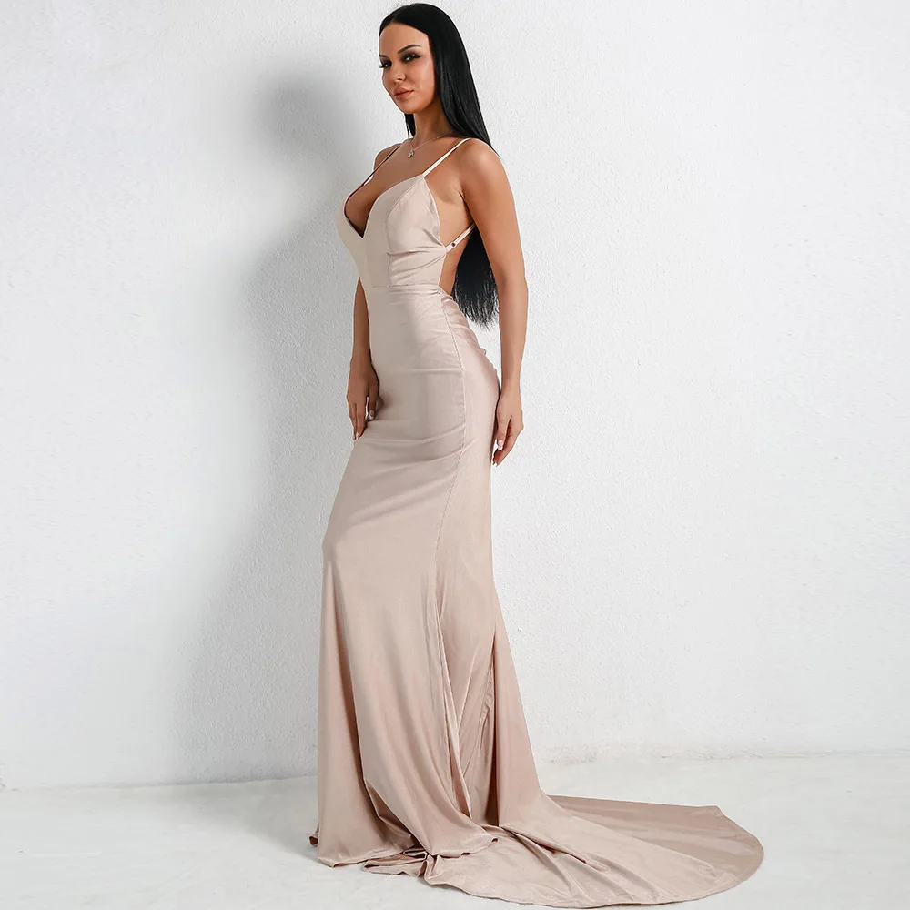 Глубокий v-образный вырез Бургундия вырез слинг Русалка платье Bodycon Длина пола открытая спина стрейч атласное вечернее платье