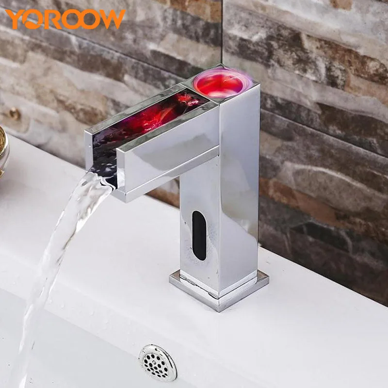 

Temperature Sensor Led Taps Light Change Automatic Faucet Waterfall Water Sinks Basins Cooling Glowing Chrome AWN0041 3