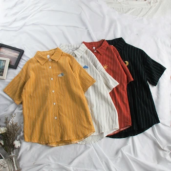 

Woherb Summer Blouse Women Kawaii Weather Embroidery Ladies Sweet Striped Tops Shirt Korean Loose Blusas Mujer De Moda 2019