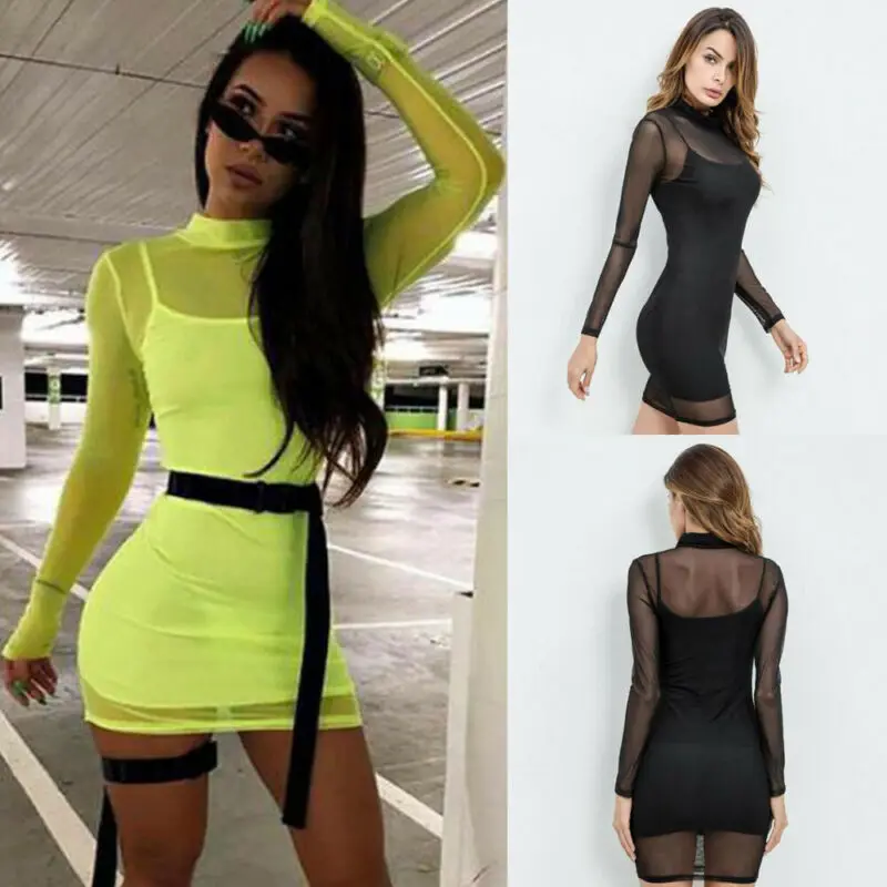Summer Women Vestito Sexy Bodycon Dress Long Sleeve Neon Sheer Beach Dress 2Pcs Vest 2019 Slim Mini Short Night Club party dress