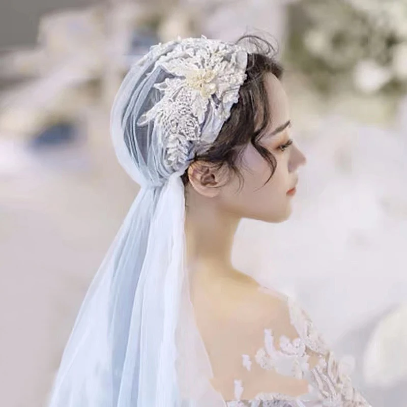 HIMSTORY новые дизайнерские белые длинные Фата невесты ручной работы кружева цветок бисером европейские свадебные фаты для невест