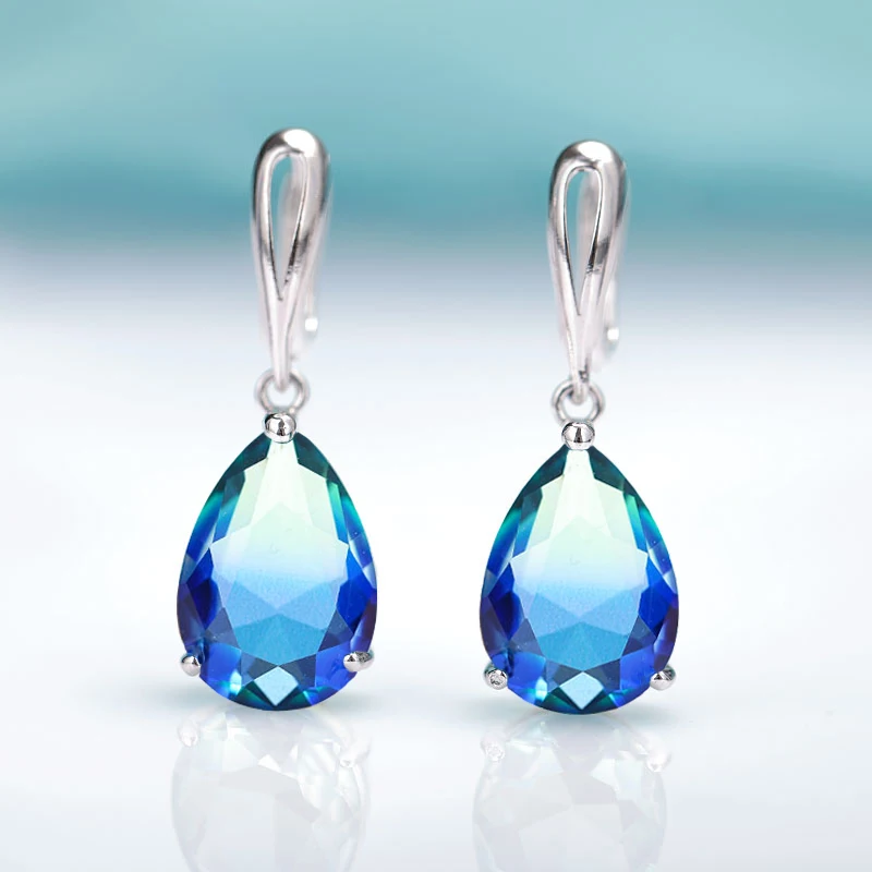 MAIKALE New Water Drop Gradient Blue Long Earrings Women Fashion Rose Gold Fine Jewelry Tourmaline Zircon Glass Dangle Earrings - Окраска металла: silver green blue