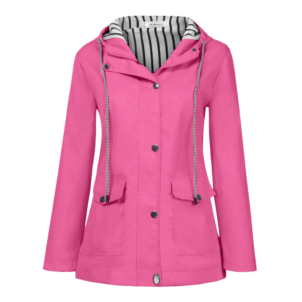 Женская однотонная дождевик для улицы размера плюс, Женское пальто, водонепроницаемый дождевик с капюшоном, ветрозащитная куртка с карманами и завязками