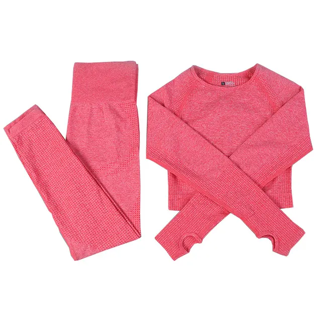 2/3/5PCS Women Sportswear Yoga Set Gym Clothing Tracksuit Long Sleeve Crop Top High Waist Seamless Leggings Fitness Sports Suits 2pcs watermelon red