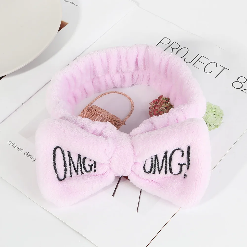 Новая мода смешанные цвета OMG буквы коралловый флис мыть лицо ободок с бантиком для женщин девочек эластичные повязки на голову аксессуары для волос в виде тюрбана