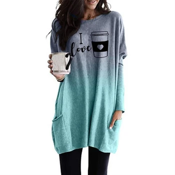 

Fashion T-Shirt For Women Gradient Long Sleeve Pocket T-Shirt I Love You Letters Print Tops Plus Size Clothes For Women
