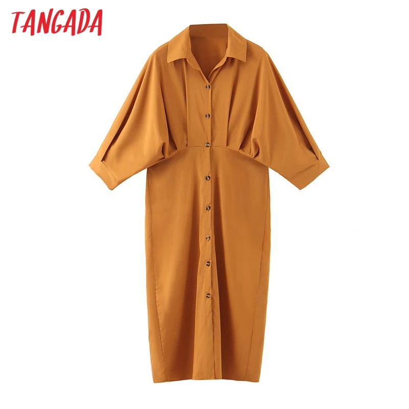 Tangada 2020 autumn women solid orange dress bat long sleeve buttons ladies work midi dress vestidos 3Z107 Tangada 2020 autumn women solid orange dress bat long sleeve buttons ladies work midi dress vestidos 3Z107