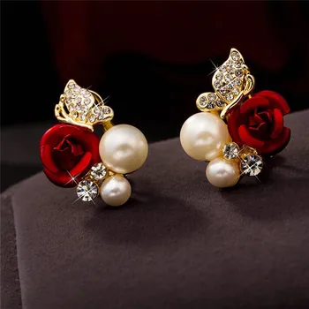 

2020 Trendy Rose Flower Earrings Exquisite Design Red Rose Stud Gorgeous Crystal Rhinestone Pearl Gold Stud Earring For Women 11