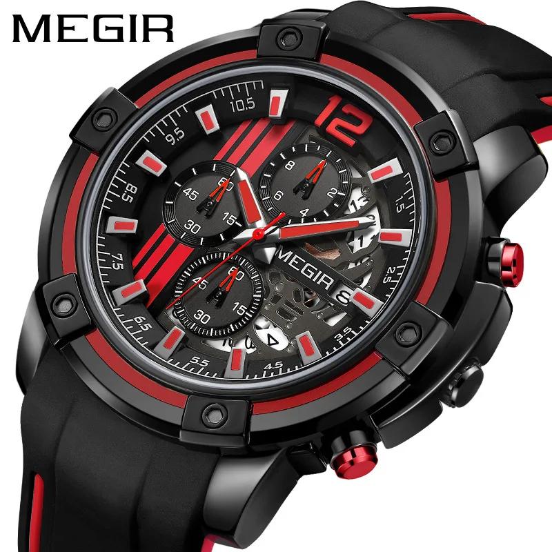 

Megir mei gainer 2097G Hollow out Calendar-Style Large Dial Night Light Small Three Eye Men Sports Quartz Watch