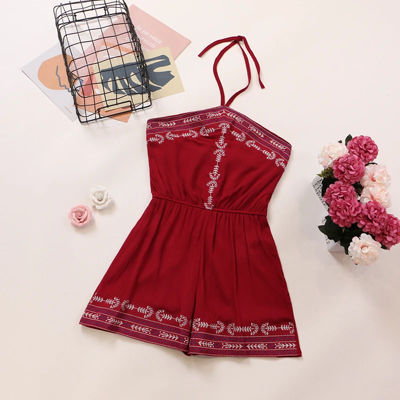 

Summer Ocean Ethnic Style Embroidery Neck-hung Embroidery Broad-legged Shorts Sexy Connected Pants Skirt High Waist Seaside Holiday Girl