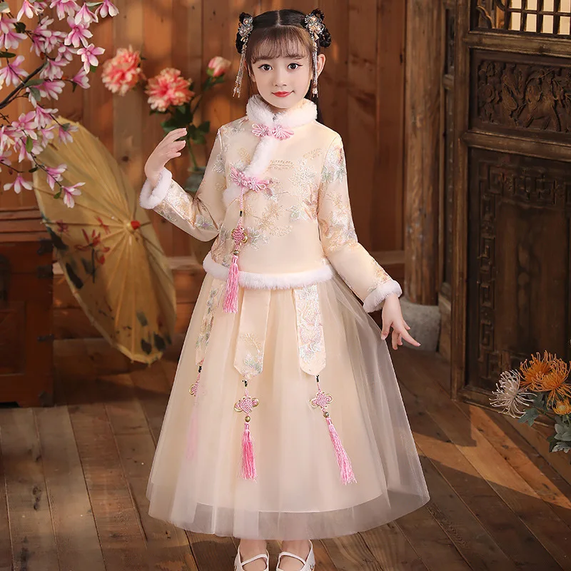 

Winter Kids Chinese Lovely Embroidery Thick And Quilted Children Traditional Ancient Hanfu Girls Tang Suit Photography Clothing