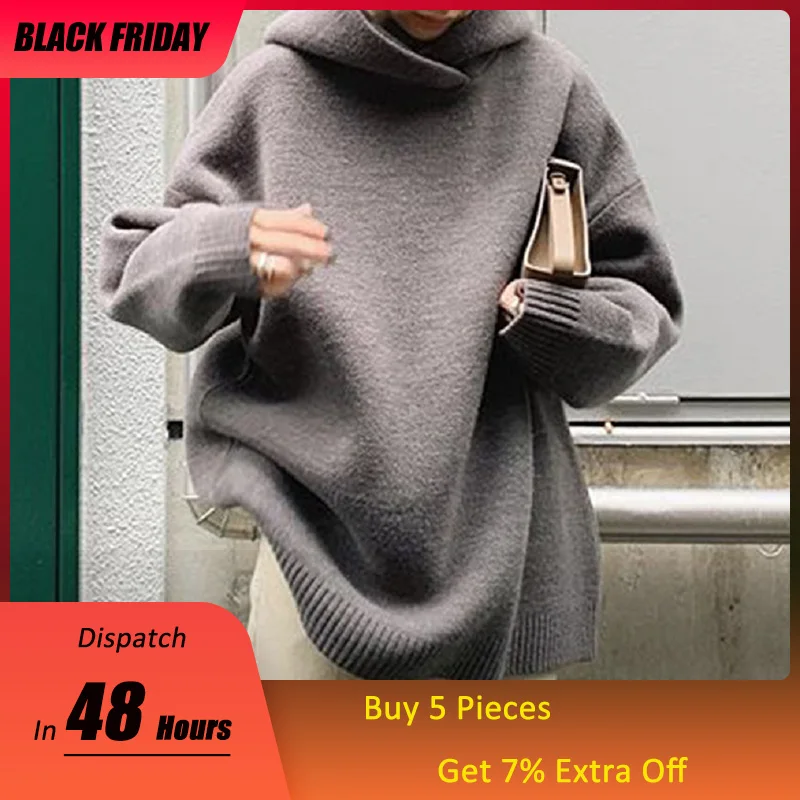 

Spring High Neck knit Hoodies Women Thick Warm Solid Gray Loose Turtleneck Pullovers Korean Basic Causal Sweatshirt Tops