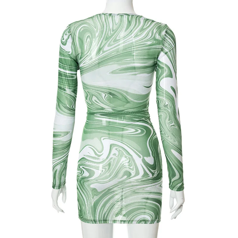 Avrilyaan Green Print Lace Up Sexy Bodycon Dress Women 2021 Pleat Robes Hollow Party Dresses Elegant Mini Autumn Dress Vestidos bridal shops near me