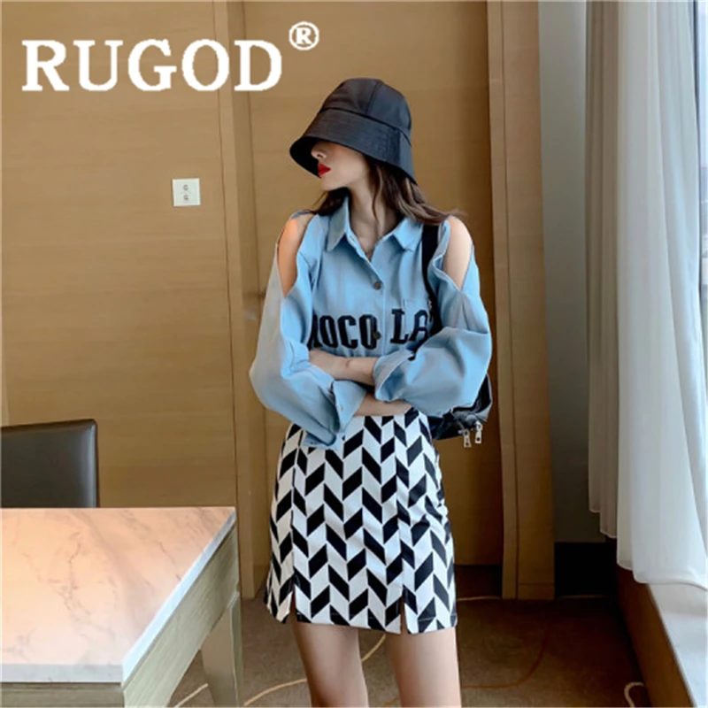 Женский джинсовый костюм с юбкой RUGOD Свободный Топ отложным воротником открытыми