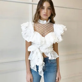 

Brand Luxry Design New Summer O-neck Sleeveless Hollowing Out Lace Ruffle Trim Lace Up Sweet Women Shirt Top