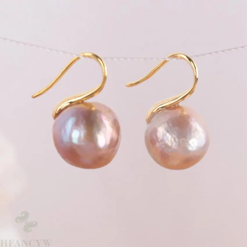 

11-12MM HUGE baroque south sea pearl earrings 18K gold plating Luxury violet Gold hooks purple TwoPin dangler