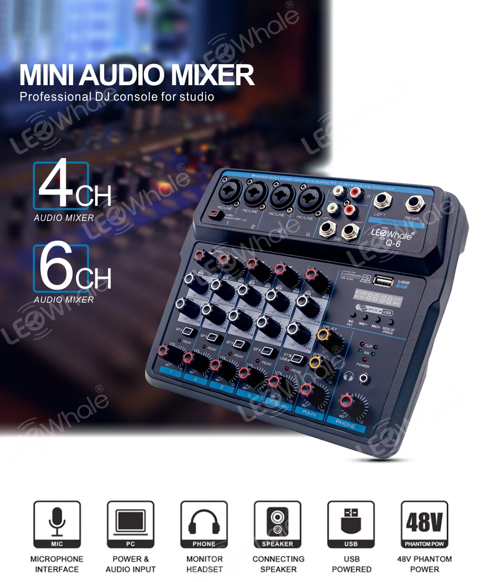 Console de Mistura de Áudio com Bluetooth Monitor para pc Leoshort Phantom Power in Ear Gravação Guitarra Som dj Usb 48v - Image 2