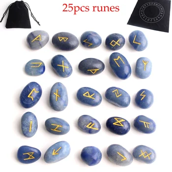

25Pcs Natural Aventurine Crystal Rune Set Blue Runes Stone Irregular Divination Fortune-telling Reiki Healing Gift Collection