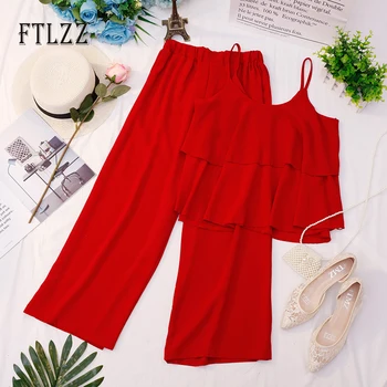 

Women Ruffles Two Piece Set New 2020 Summer Spaghetti Blouse Tops + Straight Pants Outfit Ladies Chiffon 2 Pcs Sets Tracksuit
