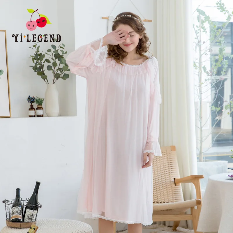 

Spring New Style Day Floss Silk Pajamas Female Summer Palace Gauze Double Layer Lace Long Skirts Crew Neck Thin Long Sleeve Trac