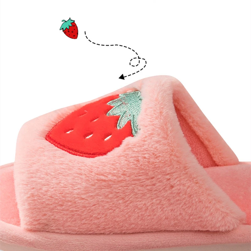 Cute Cartoon Fruit Pattern Home Women Fur Slippers Winter Plush Ladies Flats Shoes Strawberry Pineapple Furry Slippers Female