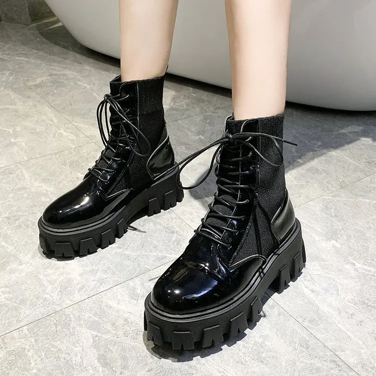 Botas de charol con plataforma alta para mujer, botines con suela  antideslizante resistente al desgaste, a la moda, color negro, 2020 -  AliExpress Calzado